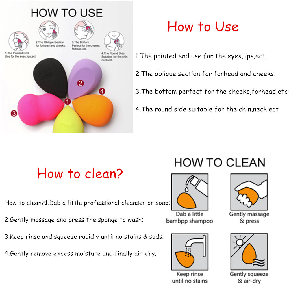 Instructions on how to use and clean colorful sponges with icons and text.