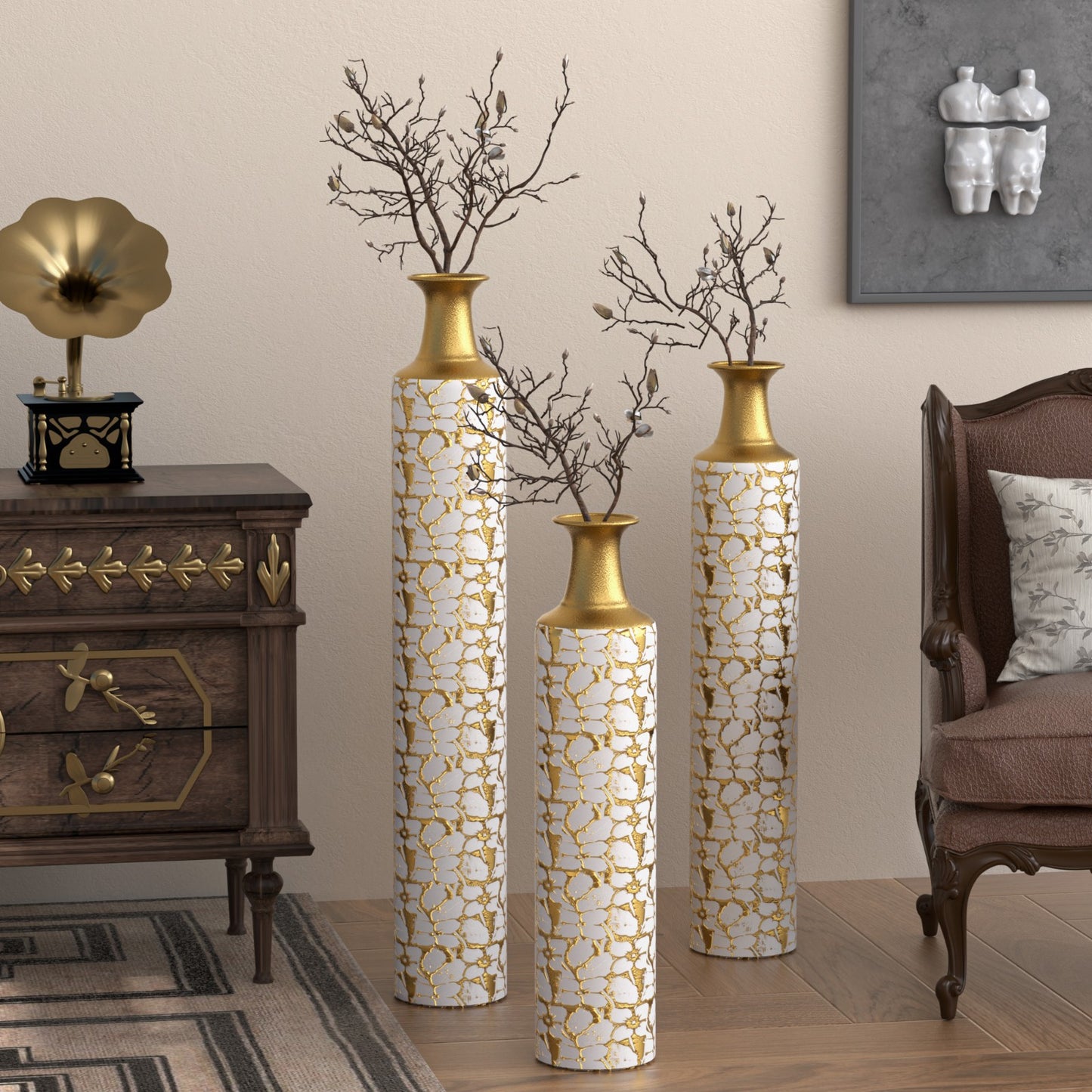 Floor standing golden large vase -32/28/24 inches decorative high vase set of 3 vintage antique worn-out vases - Ectron Online