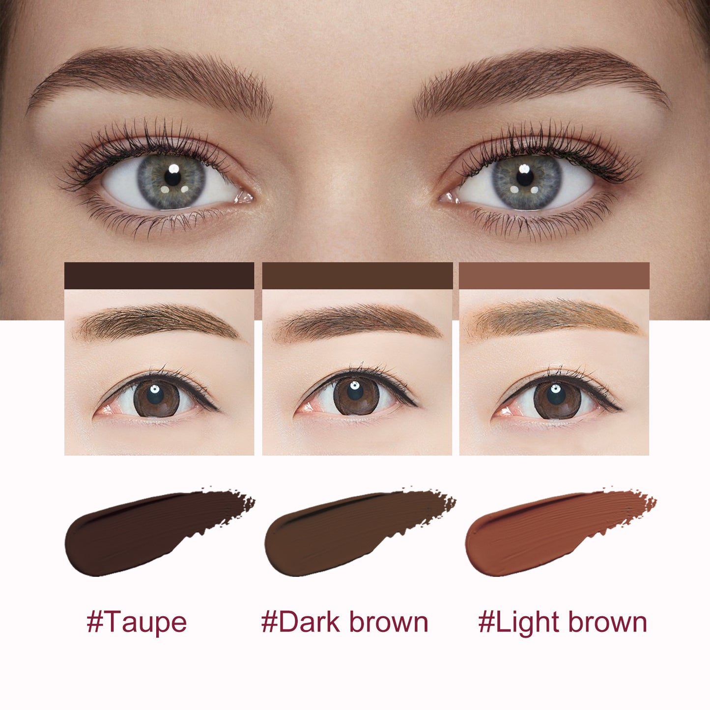 Eyebrow color swatches with a woman's eyes and different brown shades.