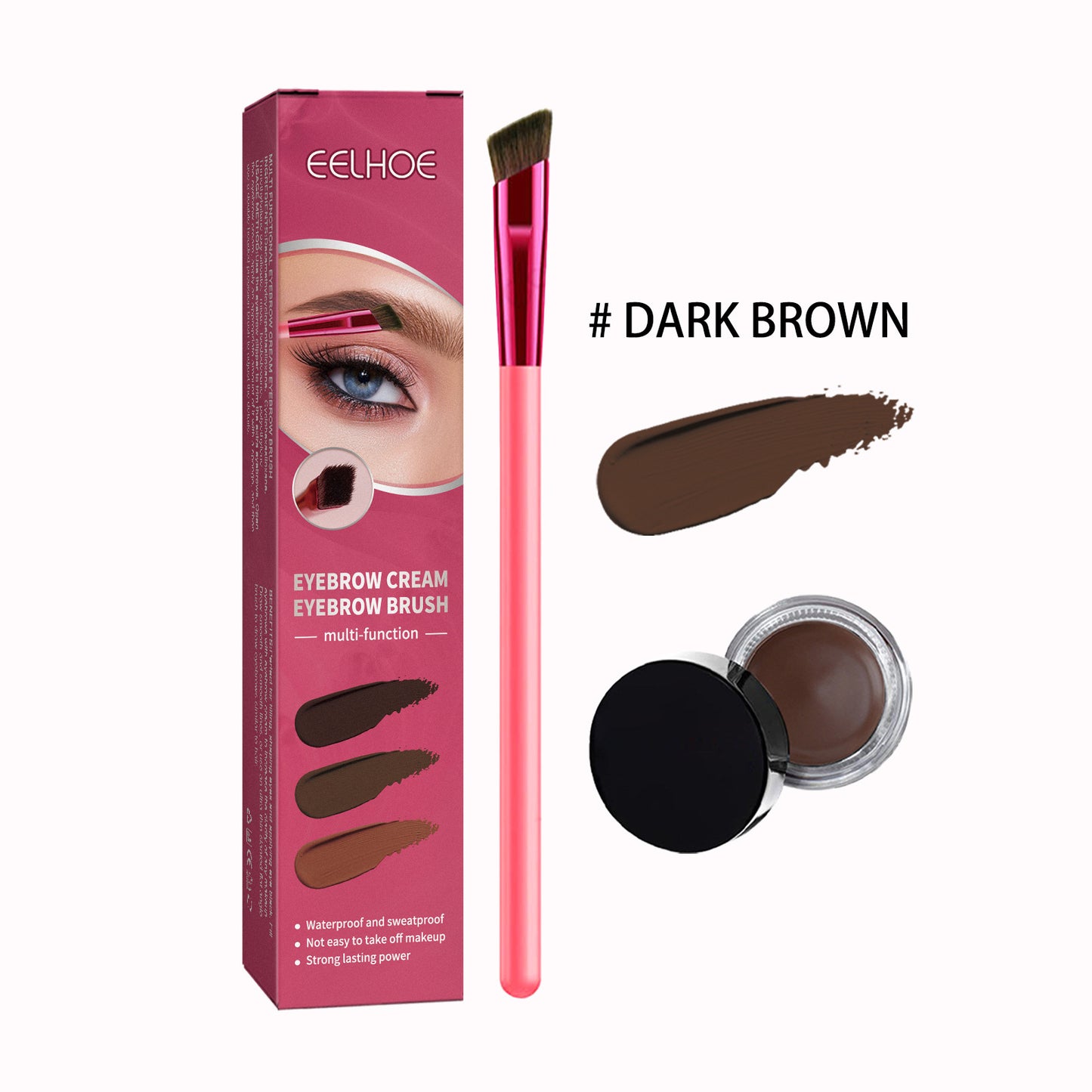 Eyebrow cream set with packaging, brush, and dark brown color swatch on a white background.