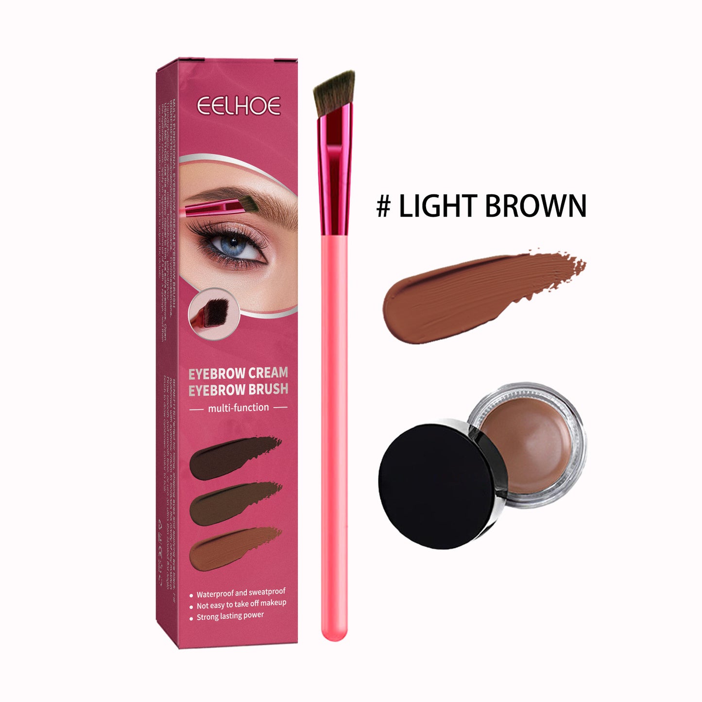 Eyebrow cream set with packaging, brush, and sample on a white background