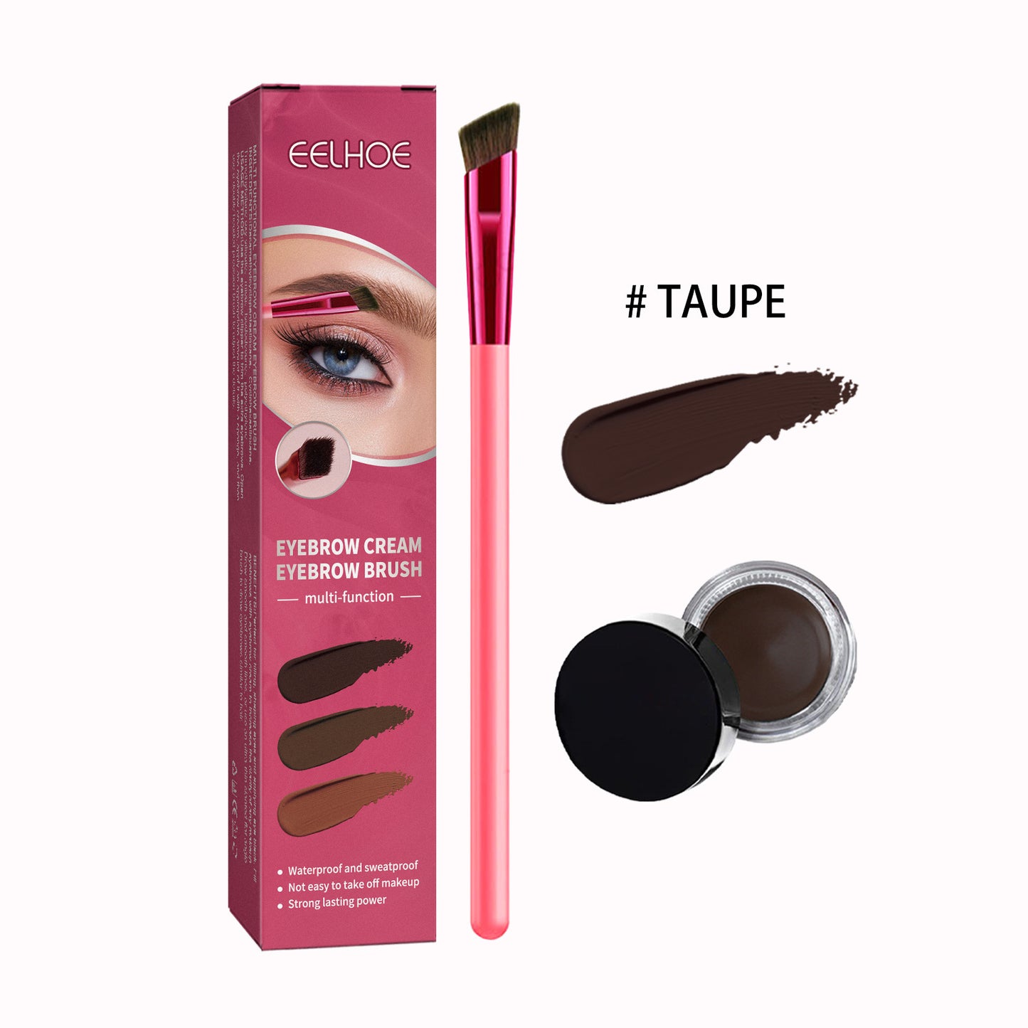Eyebrow cream brush set with packaging, brush, and swatch on a white background