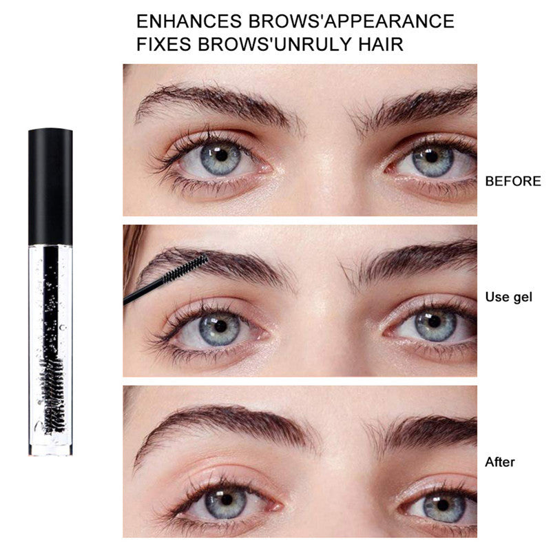 Eyebrow gel product with before and after effects on eyebrows.