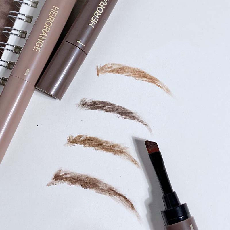 Herobrine makeup products with swatches on a white background