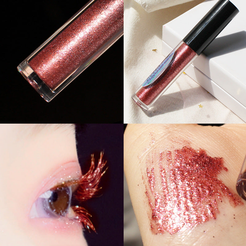 Collage of a glittery lip gloss with close-up shots on skin and eyelid.
