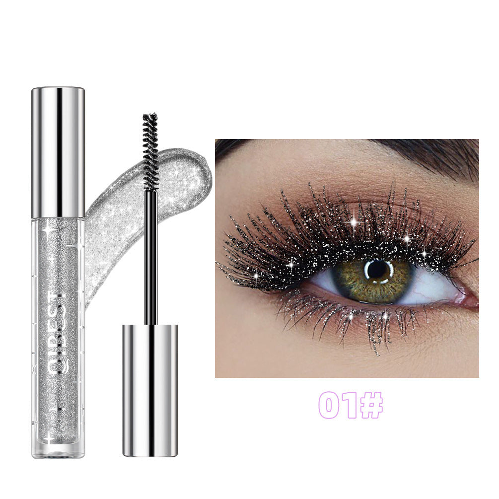 Eyebrow gel with close-up of an eye wearing glittery eyelashes