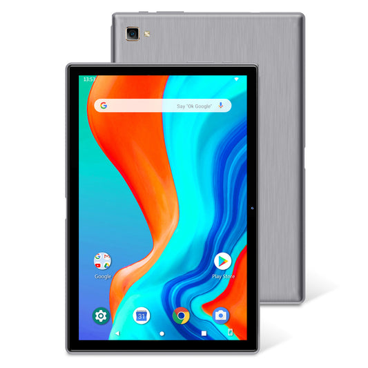 Tablet with colorful display and gray back on a white background