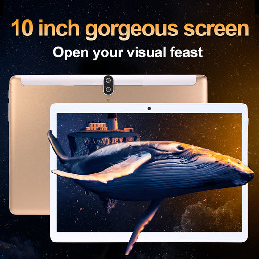 Gold tablet with a whale image on screen against a space-themed background