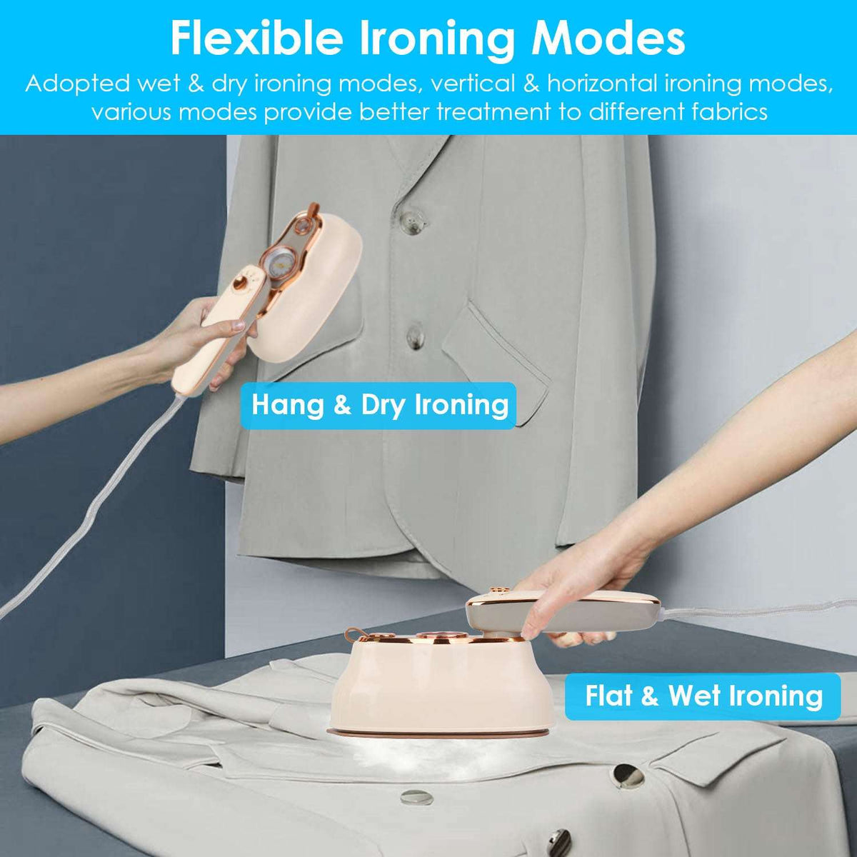 Handheld clothes steamer for vertical and horizontal wrinkle removal on fabric