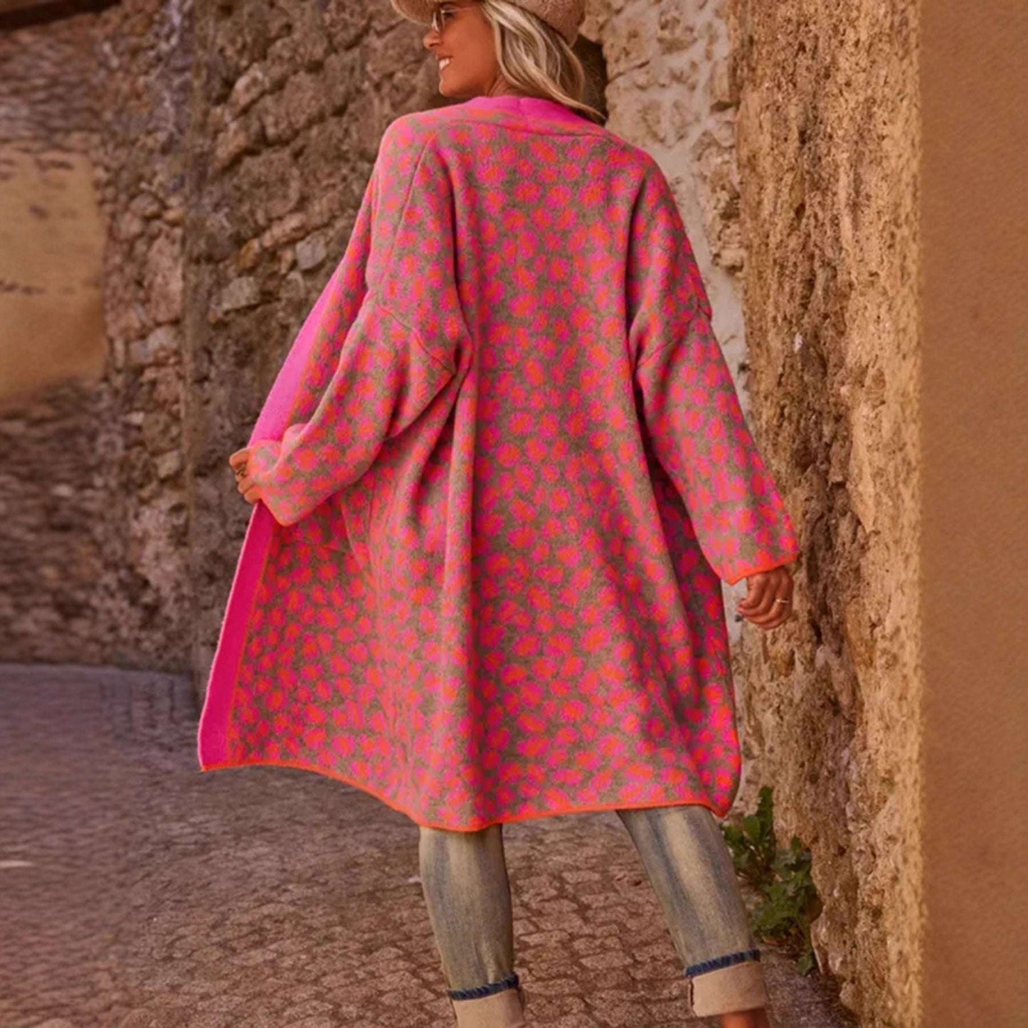 Contrast Leopard Print Long Knitwear Coat