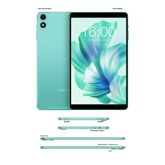 An 8-inch green Android 13 tablet showcasing the front screen display and rear camera, alongside images depicting the side and front views of the device.