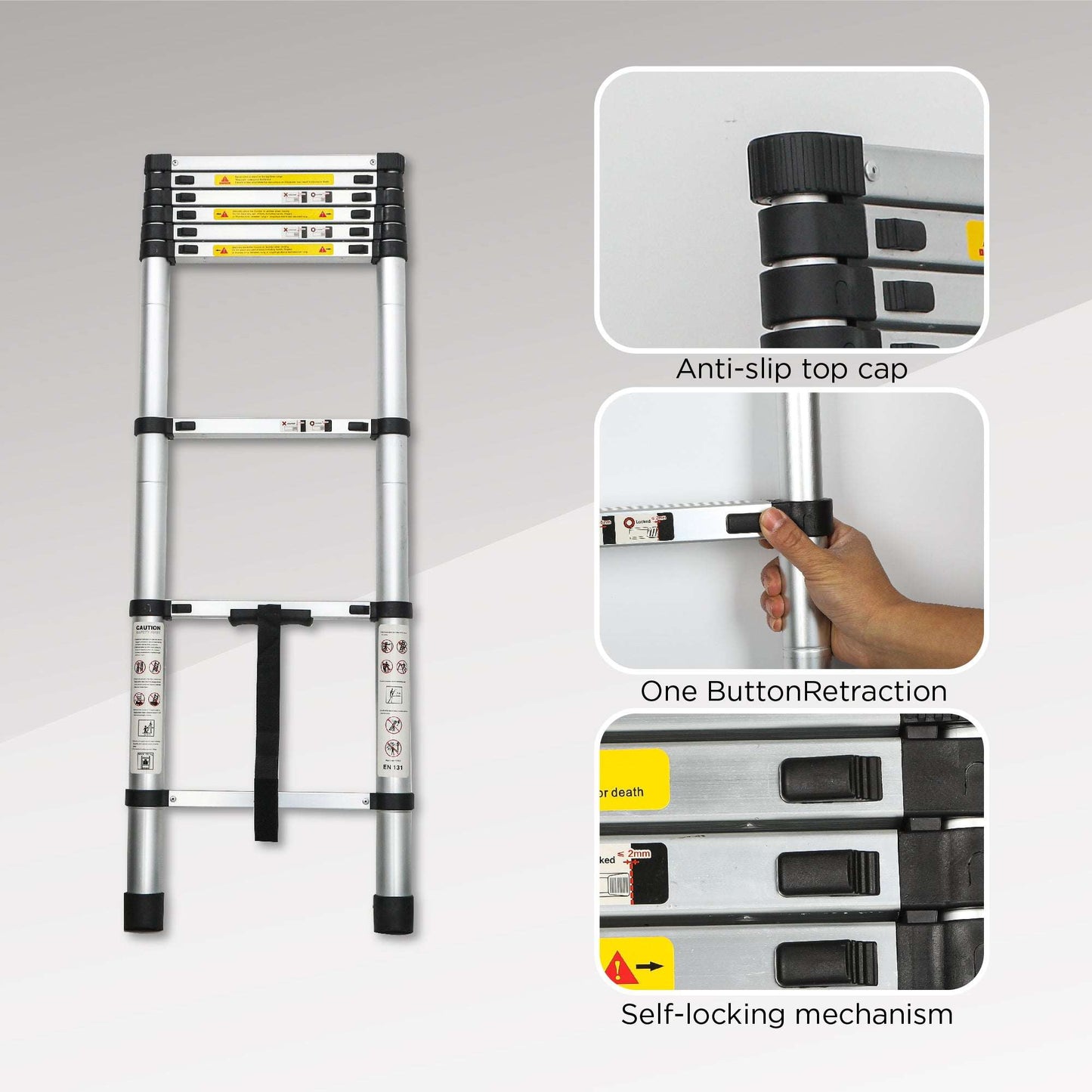Portable aluminum telescoping ladder with anti-slip top cap and one-button retraction.