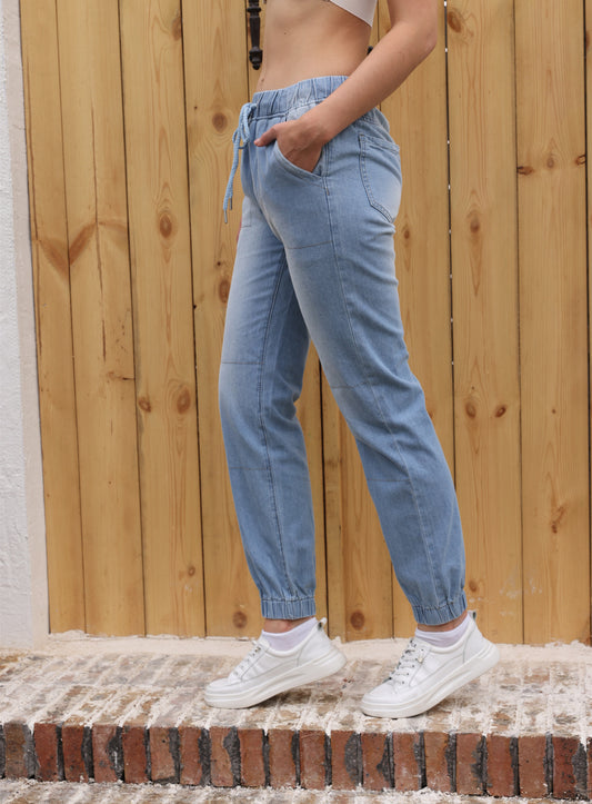 Casual Jeans Light Blue Elastic Waist String Trousers Casual Jeans Light Blue Elastic Waist St | Ectron Online