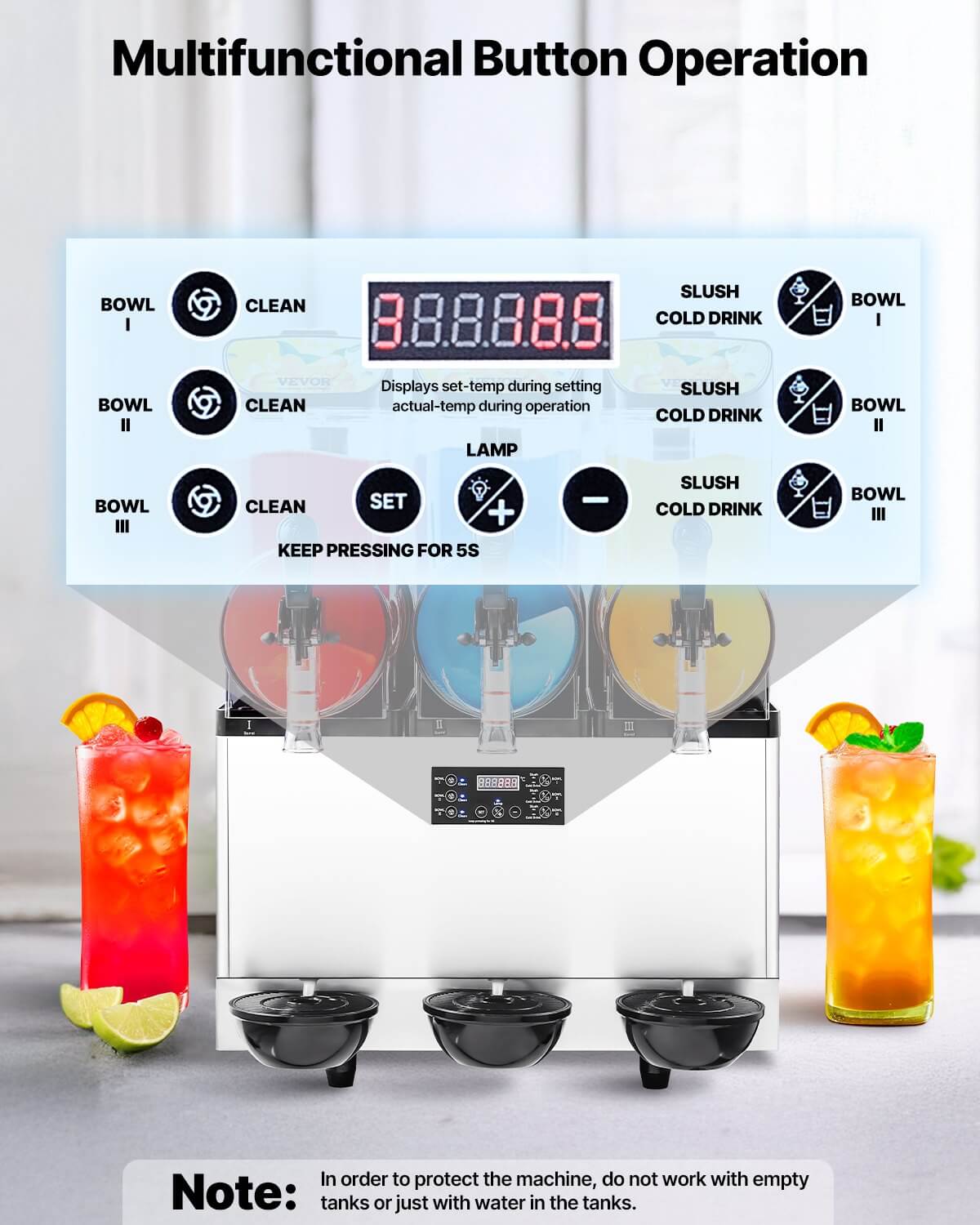 Slushy machine control panel with programmable button modes and three dispensing taps