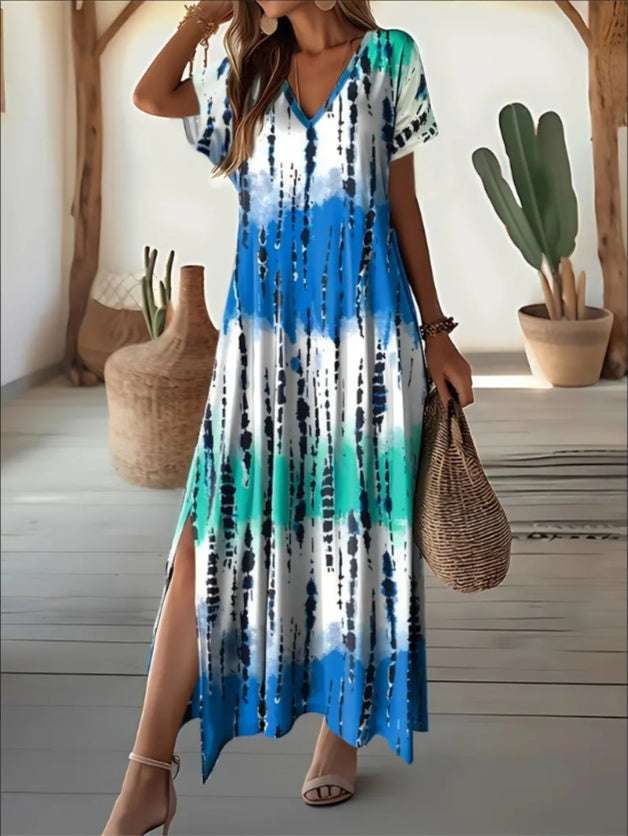 Vibrant Asymmetrical V-Neck Tie Dye Dress - Elegant, Semi-Sheer, Customized Pendulum Style For Women - Perfect For Spring And Summer Seasons