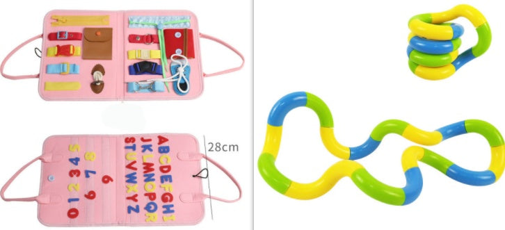 Pink educational toy with letters and numbers on a pink background, and colorful interlocking rings on a white background.