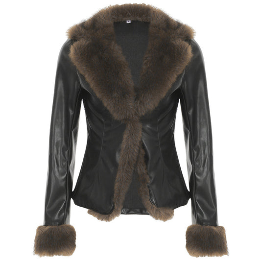 American Street Style Fur Collar Leather Coat American Street Loose Fur Collar Leather | Ectron Online