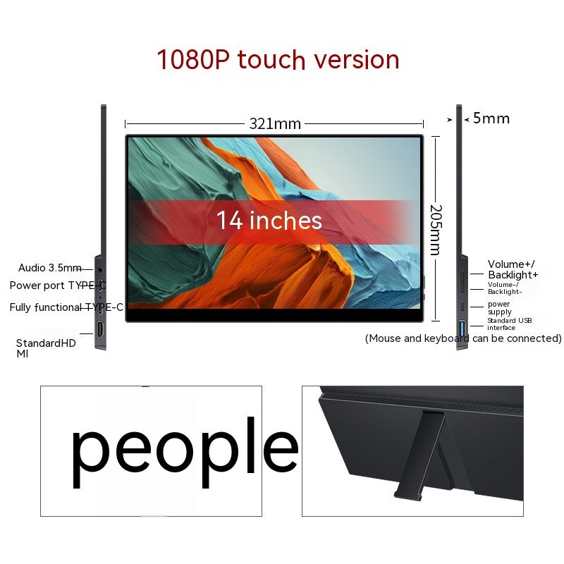 14-inch touchscreen display with dimensions and features on a white background