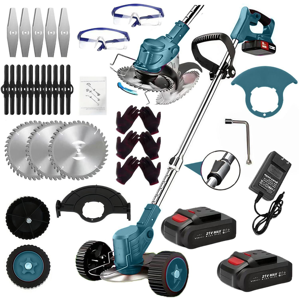 Cordless weed eater kit with teal trimmer, wheels, guard, blades, and battery pack