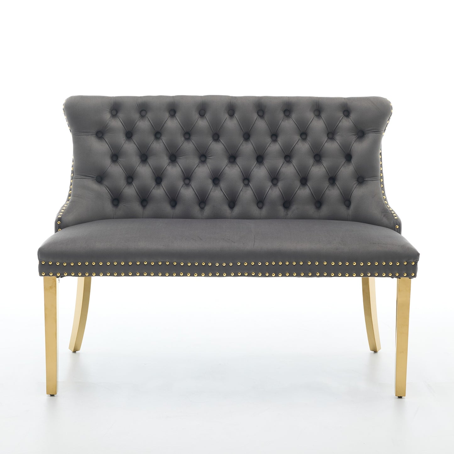Gray Velvet Tufted Dining Loveseat Bench with Gold Legs - 2-Seater