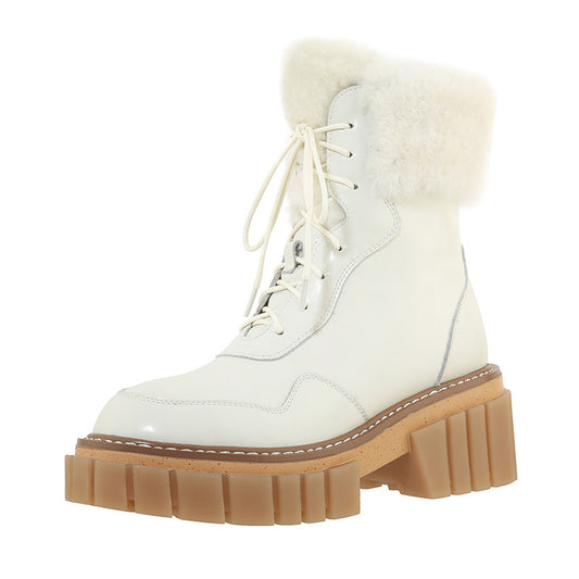 Women's Thick Sole Leather Wool Beige Snow Boots Women's Shoes | Ectron Online