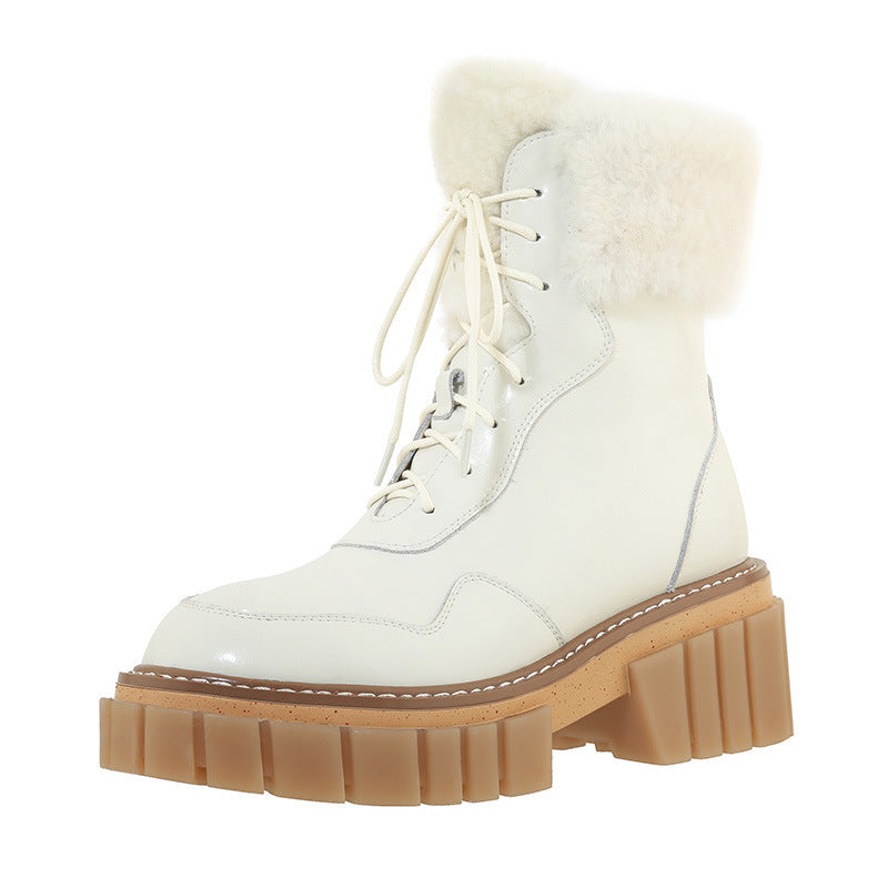 Women’s beige lace-up snow boots with faux-fur collar and chunky platform sole