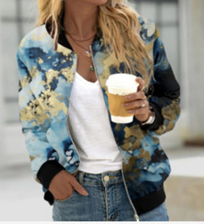 Autumn And Winter New Women's Long Sleeve Zipper Printed Jacket Coat