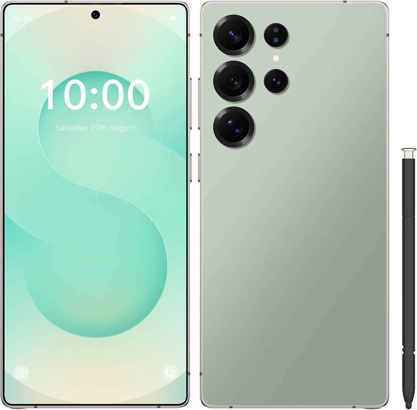 Unlocked smartphone with mint front screen and green-gray back, quad rear cameras