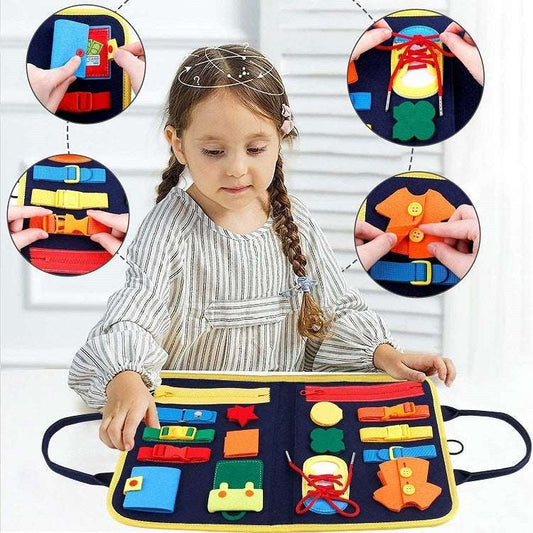 Child interacting with a colorful educational mat with various objects, surrounded by close-up insets of activities.