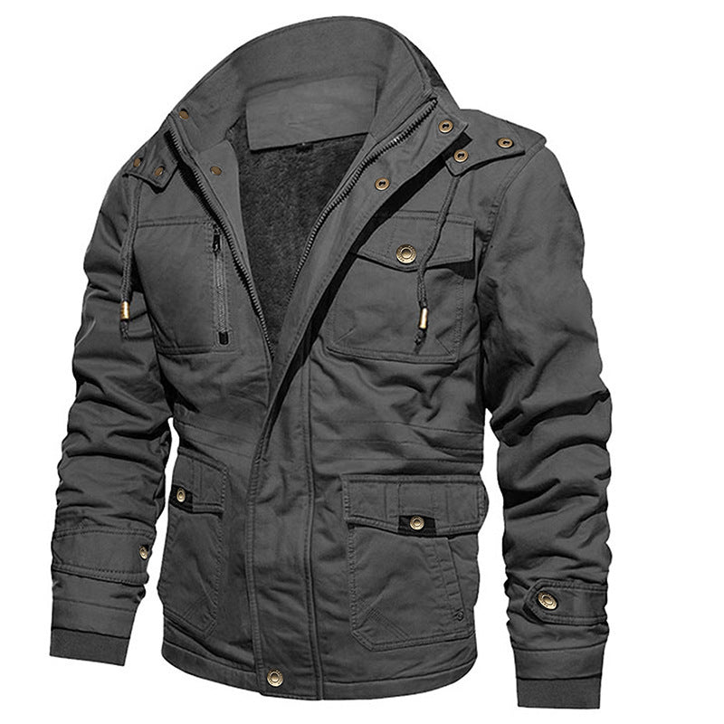 Gray jacket with multiple pockets and buttons on a white background