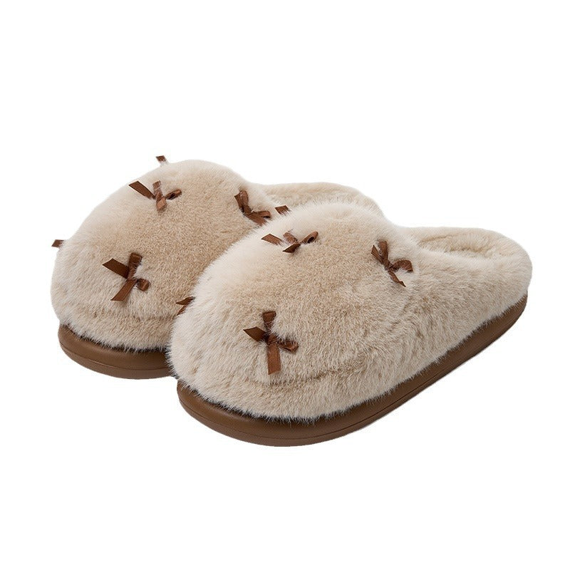 Women's Cute Plush Slippers – Bow Knot, Warm & Thick Sole