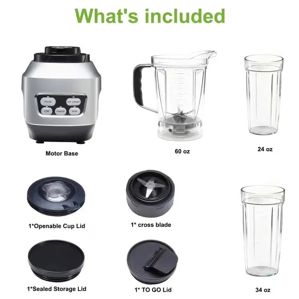 Blender motor base with clear 60 oz jar, cups, cross blade, and multiple lids