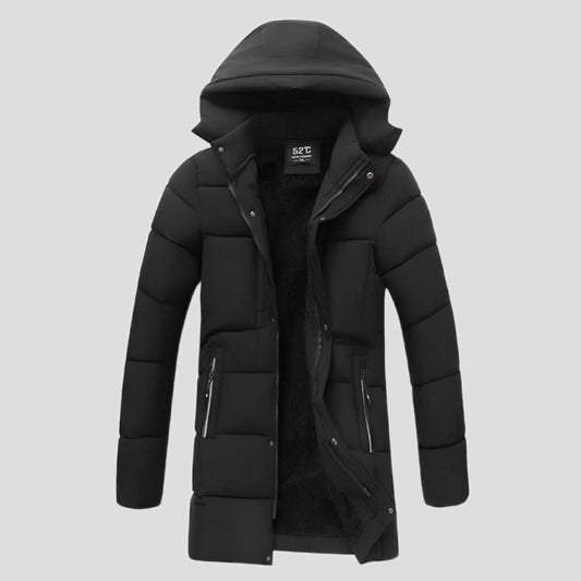 Black winter coat with a hood on a light gray background