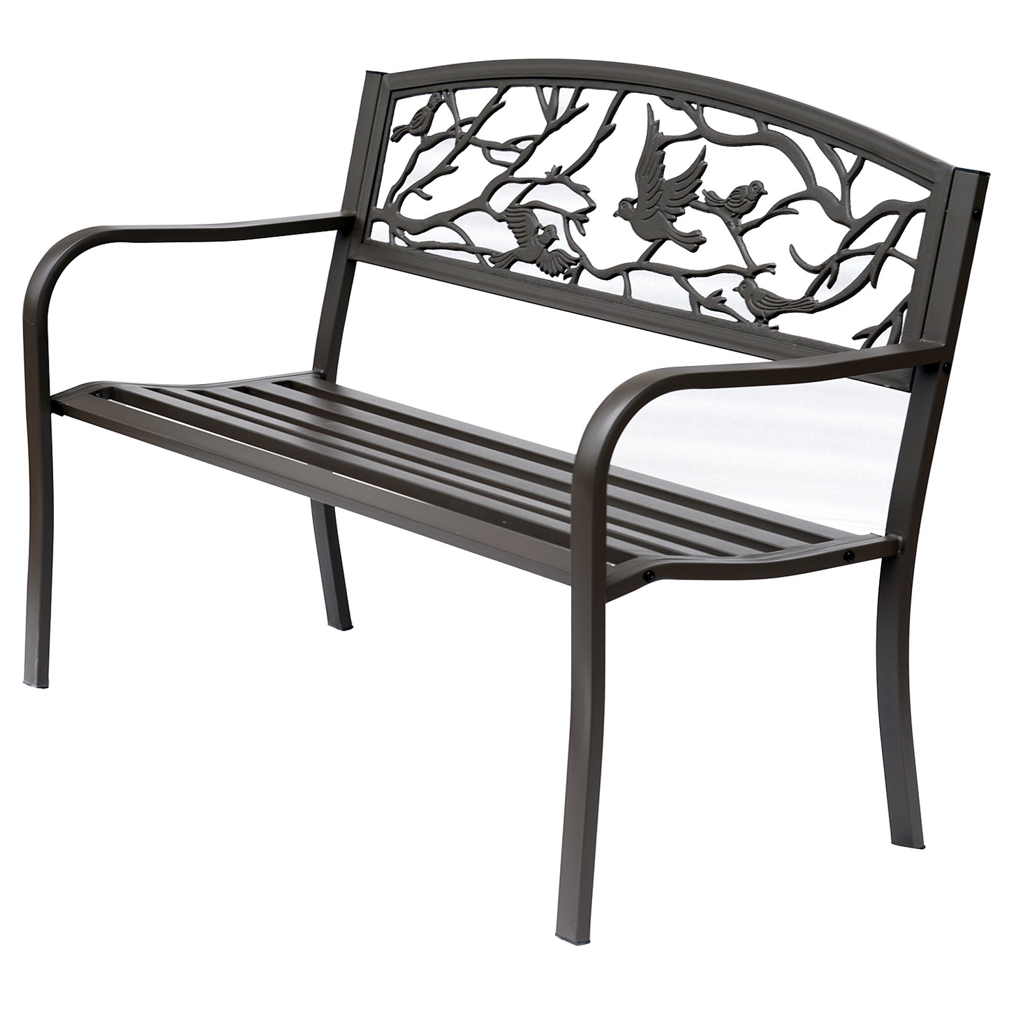 Brown cast iron garden bench with decorative bird backrest and armrest supports