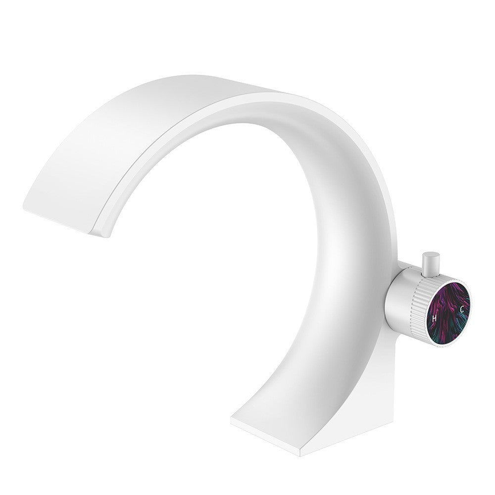 White faucet with a temperature gauge on a white background