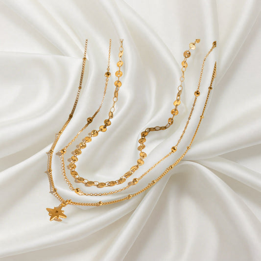 Stainless Steel Rhinestone Four Eight-pointed Stars Pendant Three-layer Necklace