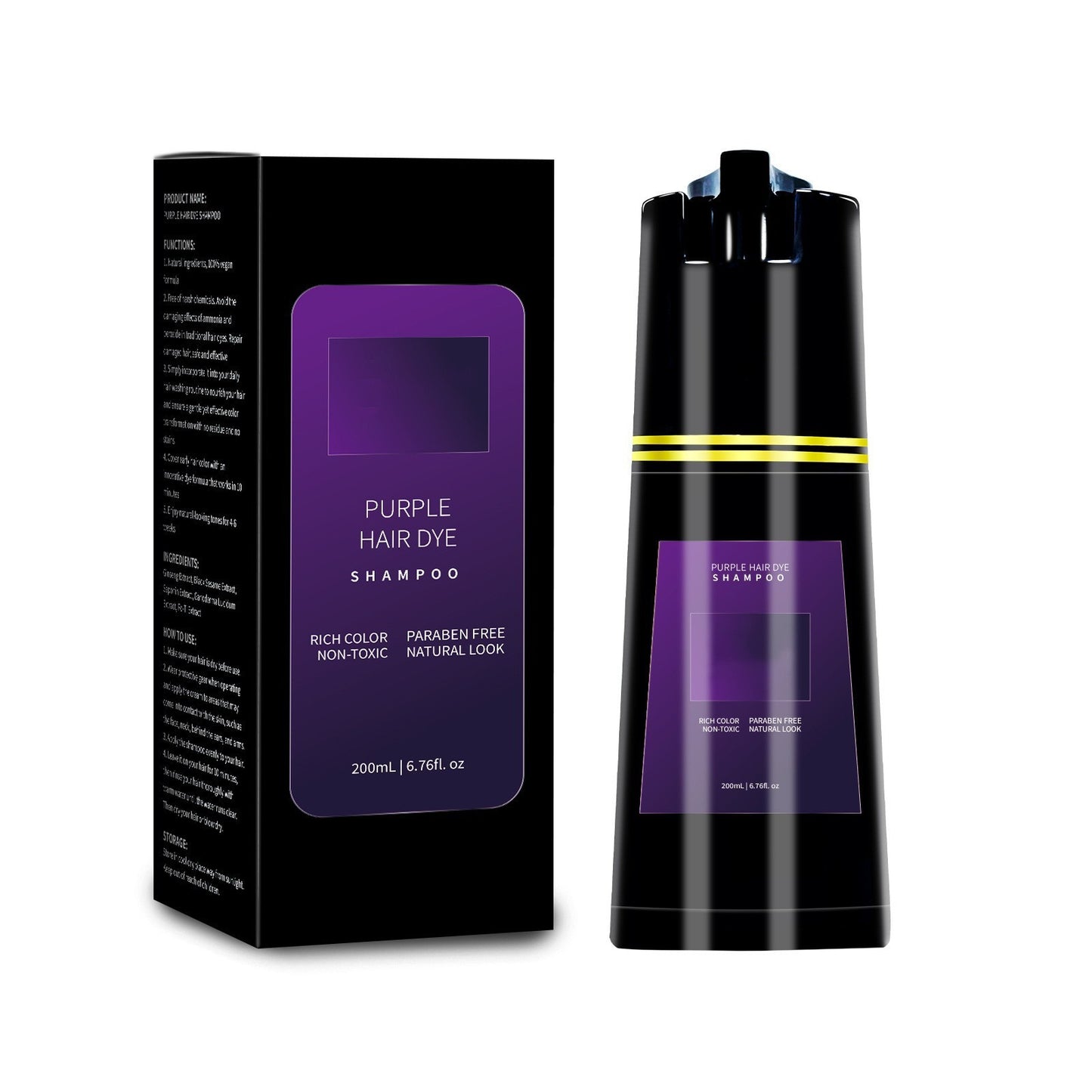 Purple hair dye shampoo bottle and packaging on a white background