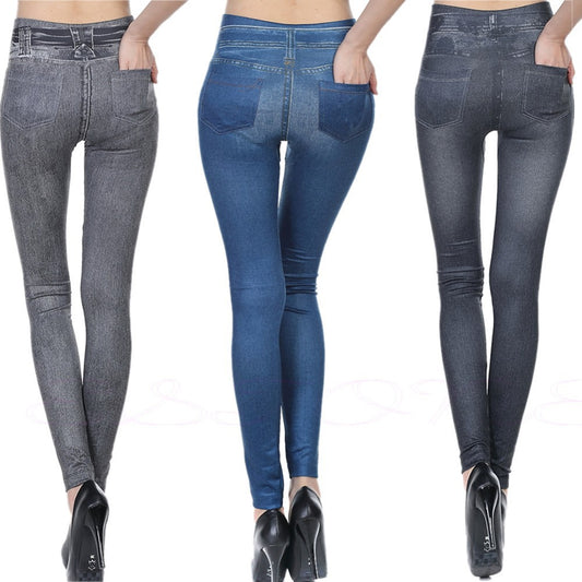 High-waisted jeggings in gray and blue washes, faux pockets and belt loops