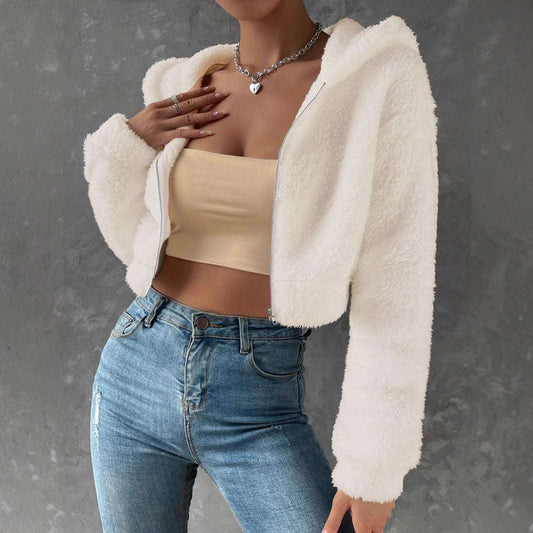 Women's Casual Short Fleece Hooded Jacket