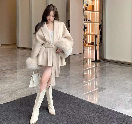 Elegant Double-Sided Cashmere Coat - Detachable Fox Fur Cuff Cuff Detachable Fox Fur Elegant Double-s | Ectron Online