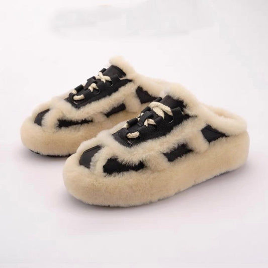 Women's Lamb Wool Half Slippers – Thick Sole Outerwear Style