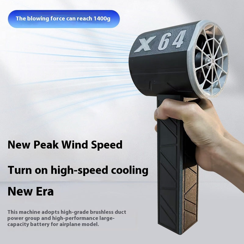 Handheld air blower with X64 model number, held by a hand, on a light gray background.