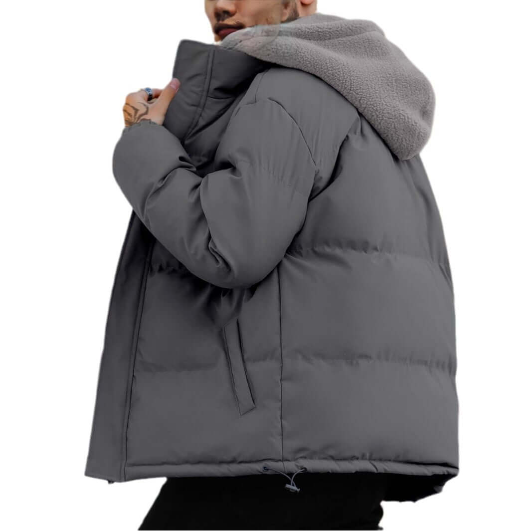 Men's thick ski down jacket in dark gray with hood up, zip front, and side pockets