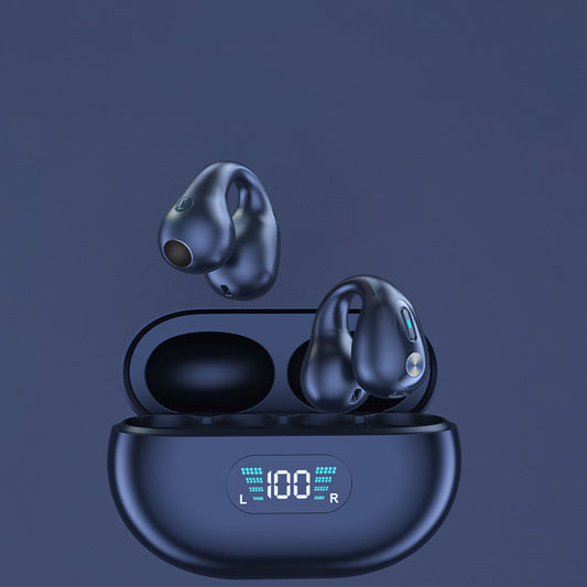 Blue wireless earbuds with charging case on a dark blue background