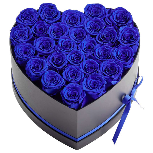 27 Real Preserved Roses in Heart-Shaped Box - Eternal Royal Blue Flower Bouquet
