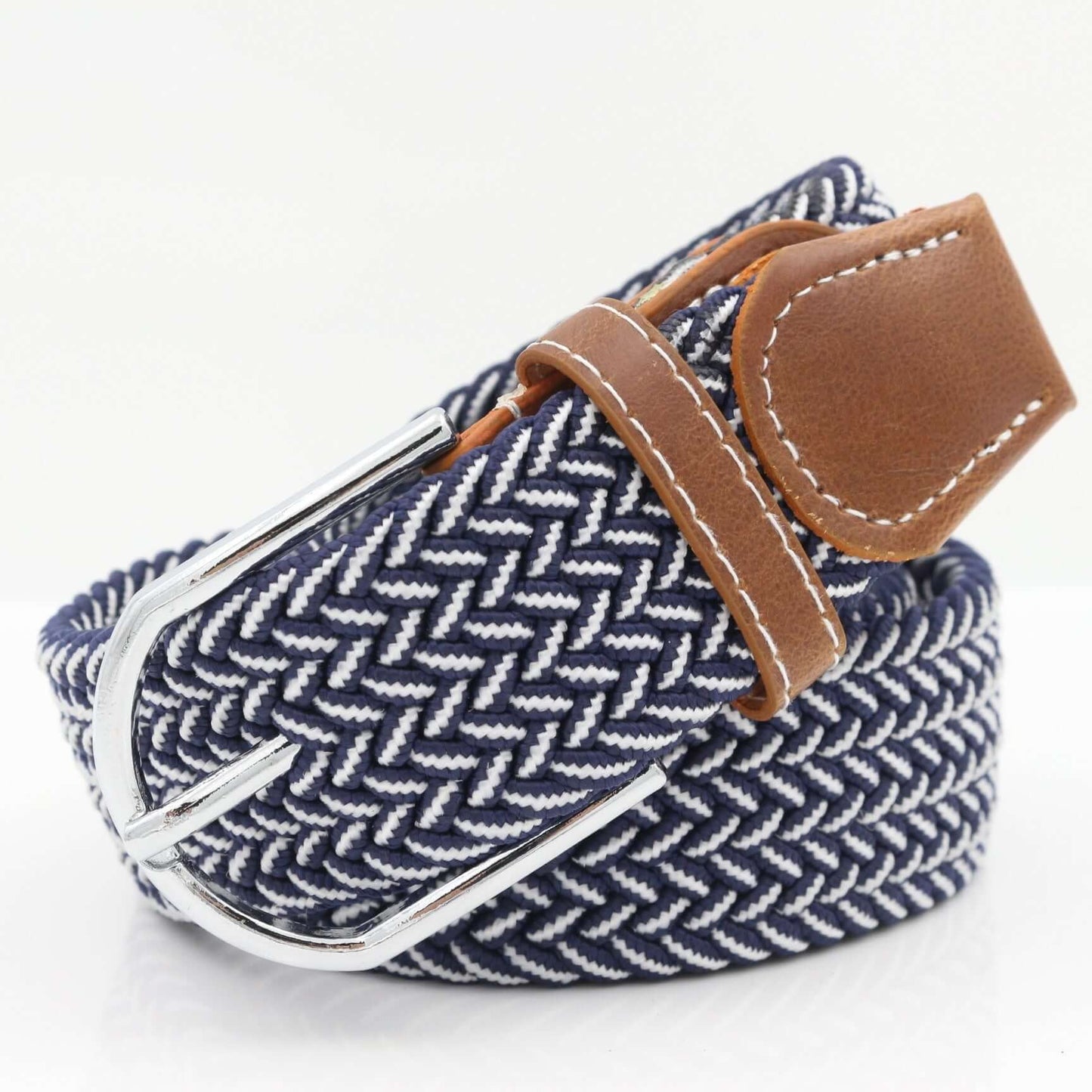 Simple Stretch And Breathable Canvas Woven Belt showcasing a navy striped design with a brown leather accent.
