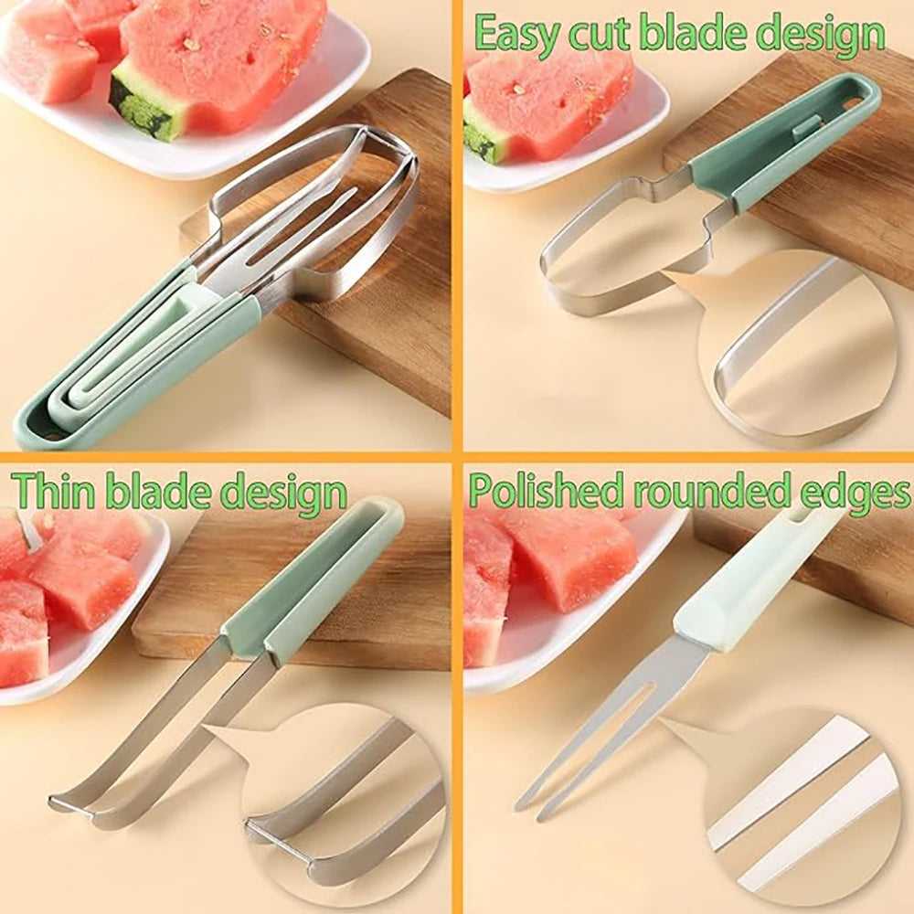Watermelon cutter accessories with stainless blades and forks and mint-green handles.