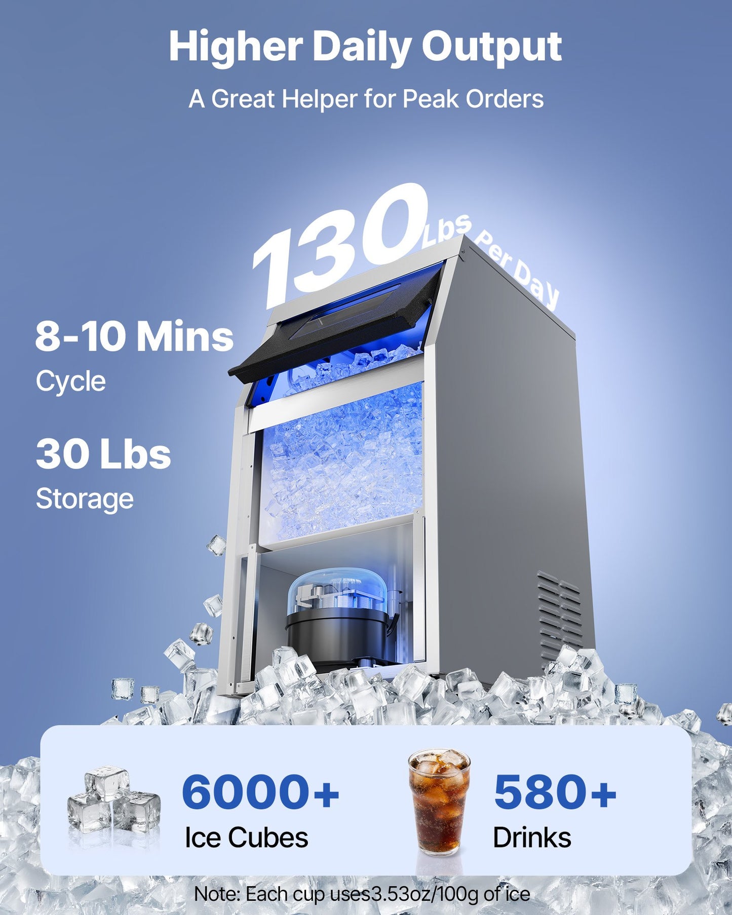 130 Lbs/24H Commercial Ice Machine | Under Counter & Freestanding