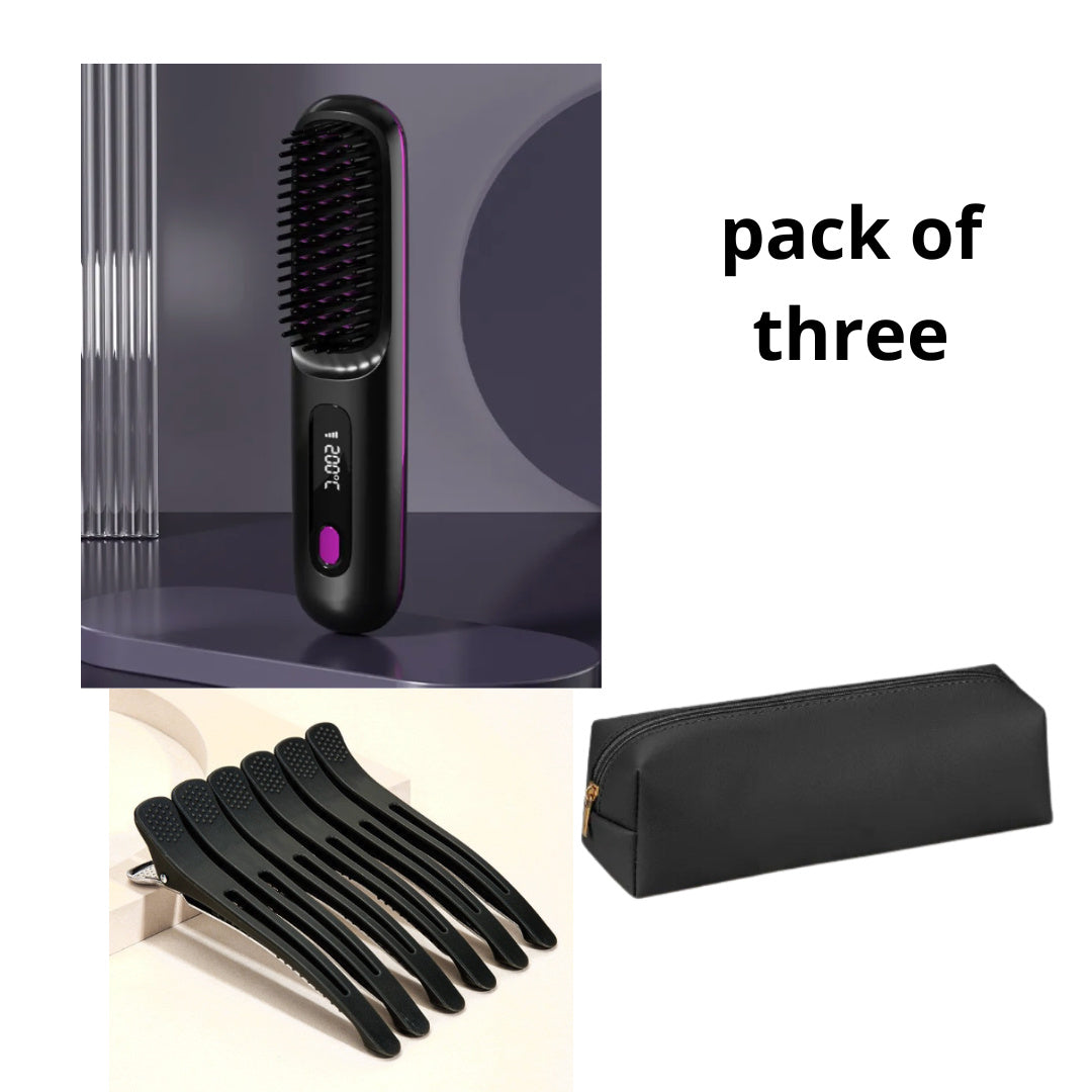 2 In 1 Straight Hair Comb Wireless Hair Straightener Brush Hair Fast Heating Portable Hot Curler USB Charging - Ectron Online