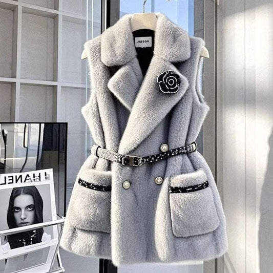 French Style High-grade Bandage Dress Waist-tight Gray Vest